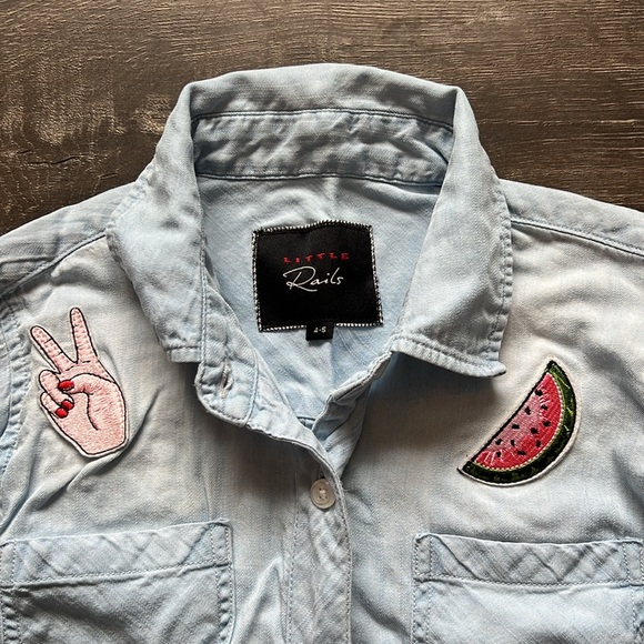 Girls Rails Denim Button Down Collared Shirt with Patches 4-5 - Picture 2 of 3
